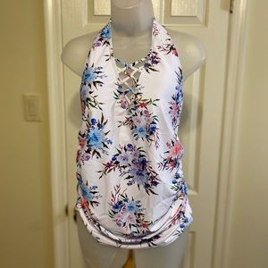🎉HP🎉NWT Pink Blush Swim - Maternity white floral halter swim tankini top, Size L